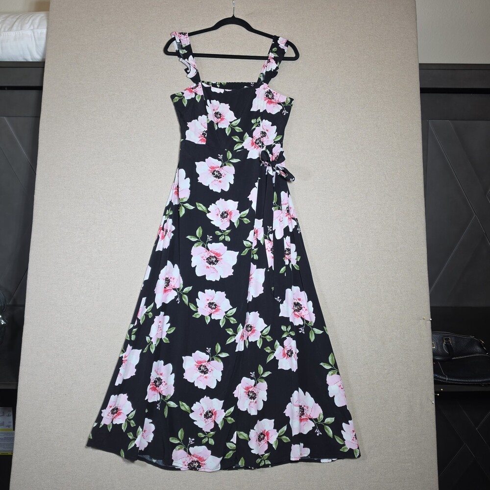 FOREVER 21 Faux Wrap Romantic Dress Maxi Ruffle Sleeve Floral Womens L